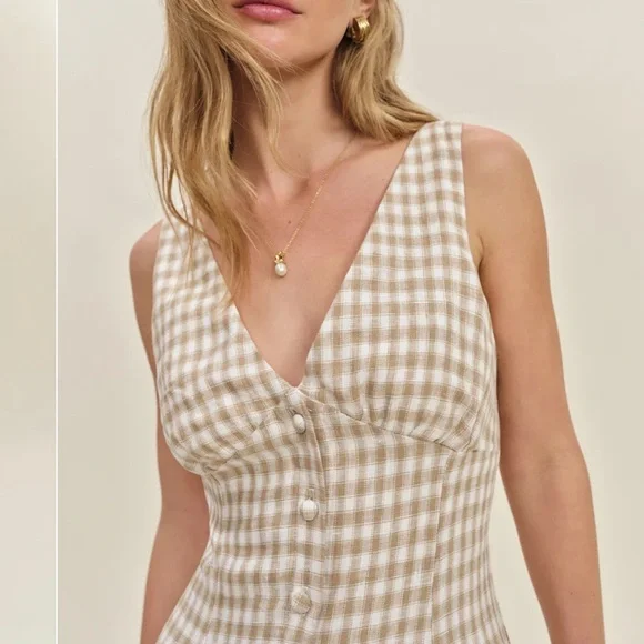 Reformation Sebastian linen Gingham Midi Dress in Cream and Tan Sz 8 - Picture 3 of 11